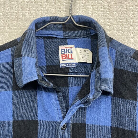 Big Bill Men’s L Plaid Brawny Blue Work Flannel Shirt Heavyweight Made In USA ** - Picture 7 of 16